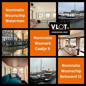 Nominaties woonboot van het jaar 2025 woonschip Waterman, woonark Caatje 5 en woonschip Bolsward II