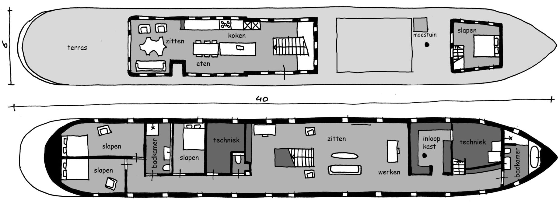 Plattegrond woonschip Waterman